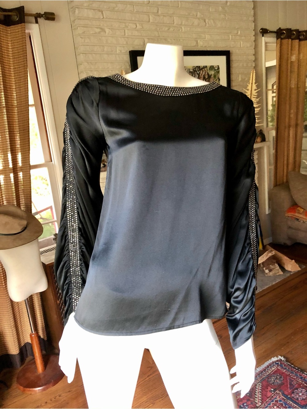 Thomas Wylde l/s Raven silk charmeuse blouse w/ Swarovski crystals
